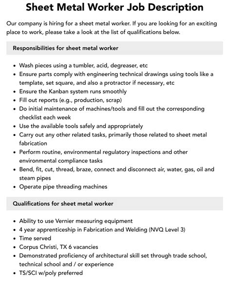 sheet metal helper job description|what does sheet metal do.